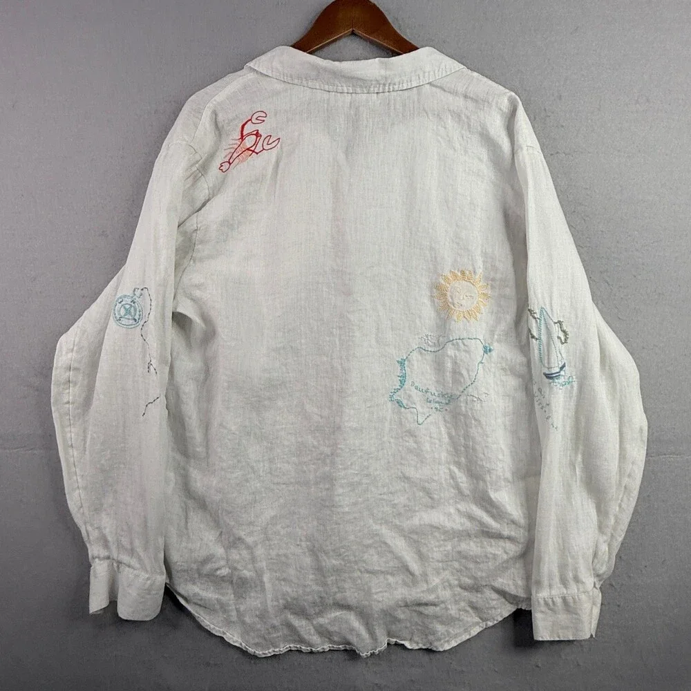 Spartina 449 Shirt Womens XL White Linen Embroidered Mermaid Coastal Button Up - Picture 11 of 14